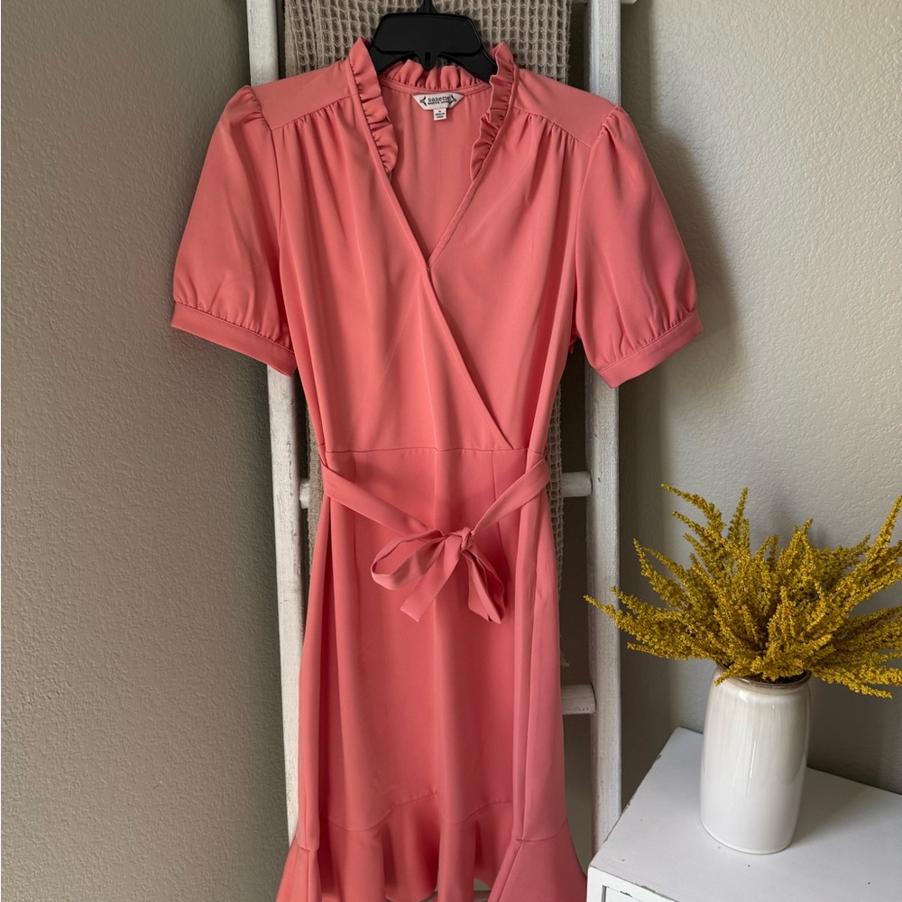 Nanette Lepore Coral Wrap Midi Dress with Ruffle Collar